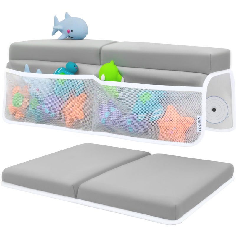 Toodly Comfortable Baby Bath Kneeler and Elbow Rest Pad Set - Thick Memory Foam Bath Kneeling Pad with Elbow Support - Baby Bathtub Cushion with Toy Organizer for Bathing Infant or Toddler - Grey - Image 1